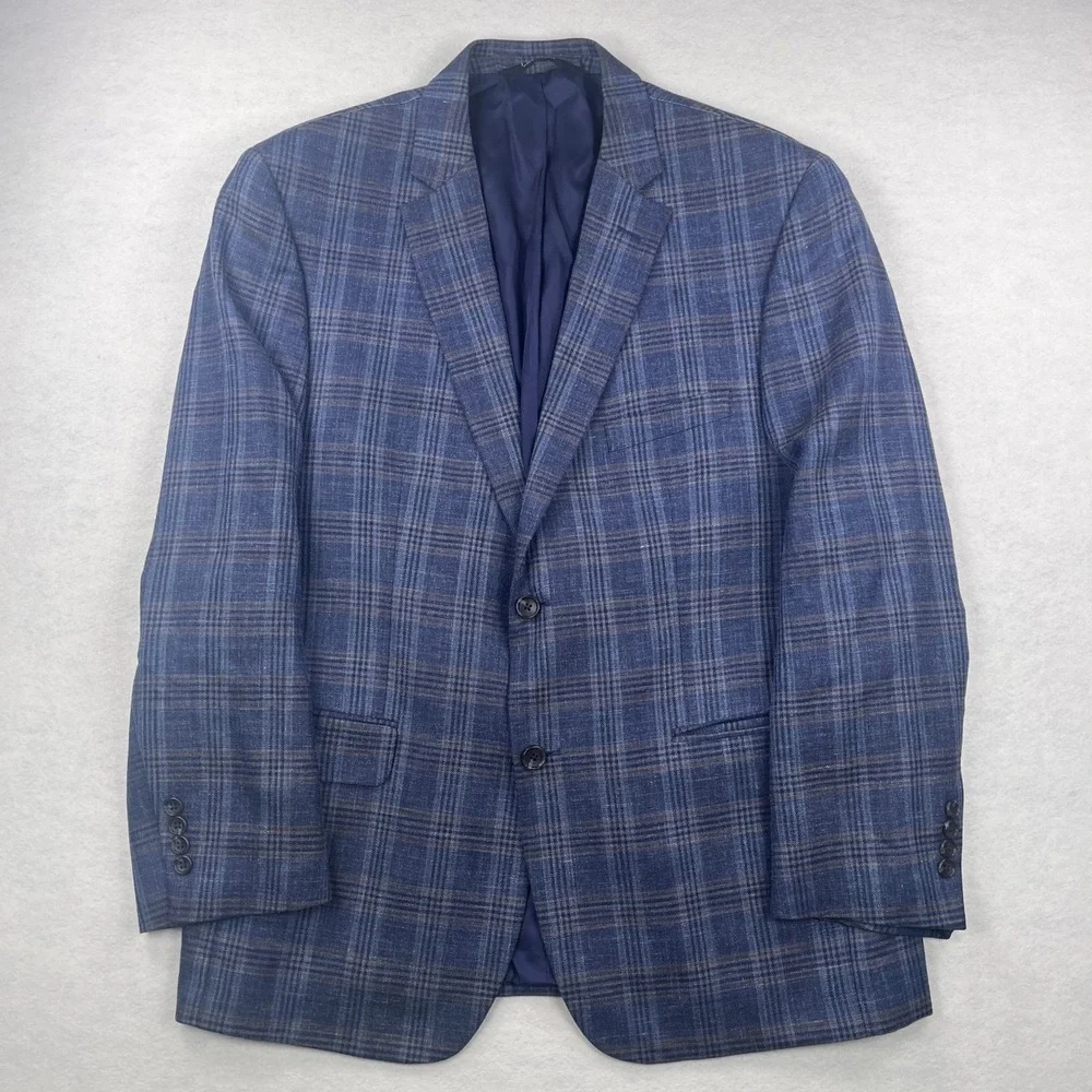 Jos A Bank Blue Glen Windowpane Plaid Silk Linen Sport Coat Tailored Fit 44R